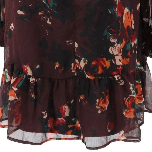 Walter Baker Floral Mini Dress Sheer Sleeve Tie Neck Ruffle Hem Large - Picture 4 of 14